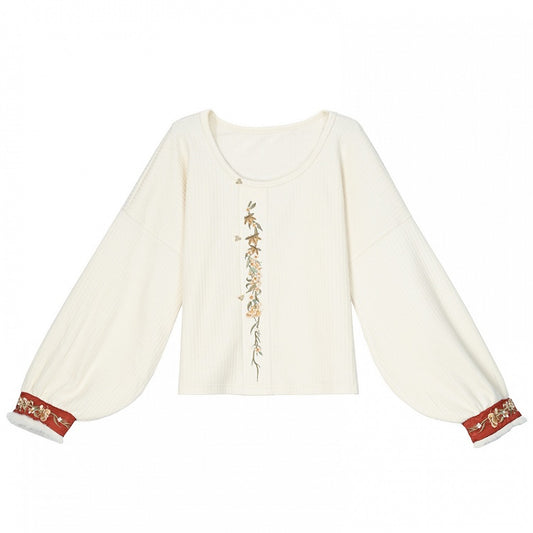 White Floral Embroidery Plush Cuff Cheongsam Style Top