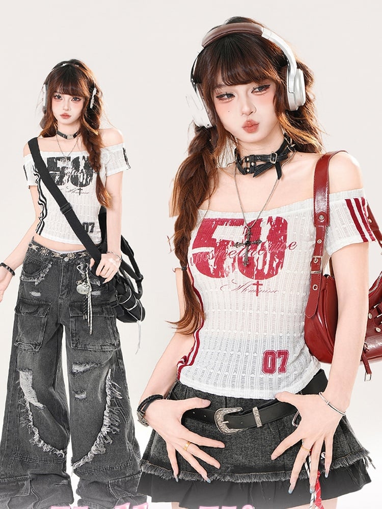 Number Print Slim-fitting Neckline Red/Black Off-the-shoulder