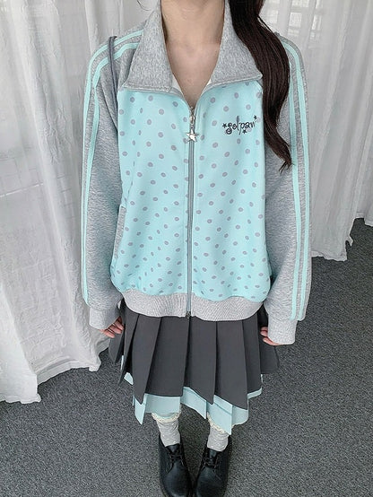 Mint Blue Y2K Polka-Dot Zip-Up Jacket with Stand Collar Design - Solkatt