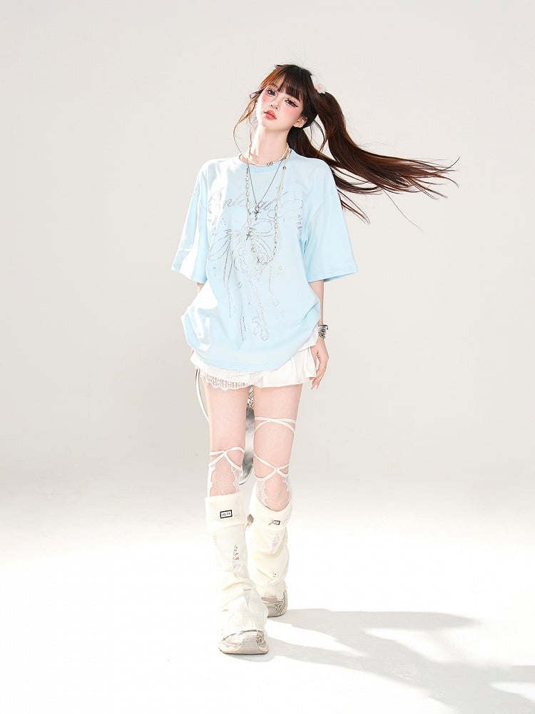 T-Shirt Loose Blau/Weiß Schlüssel- und Schleifendruck Spitzenbesatz