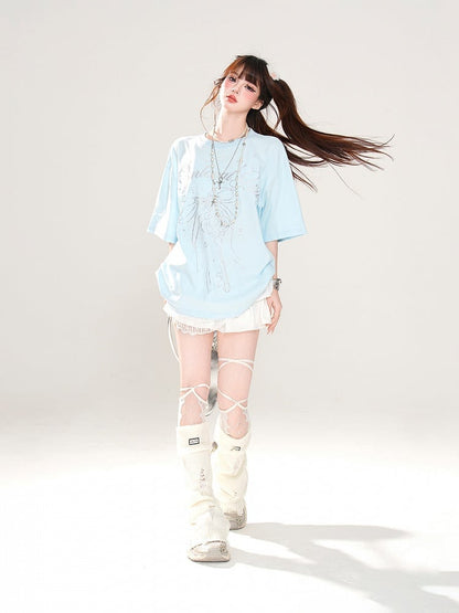 T-Shirt Loose Blau/Weiß Schlüssel- und Schleifendruck Spitzenbesatz