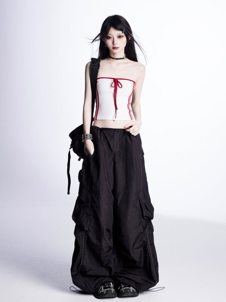 Weite Cargohose mit Kordelzug an den Bündchen Vintage Schwarz Niedrig