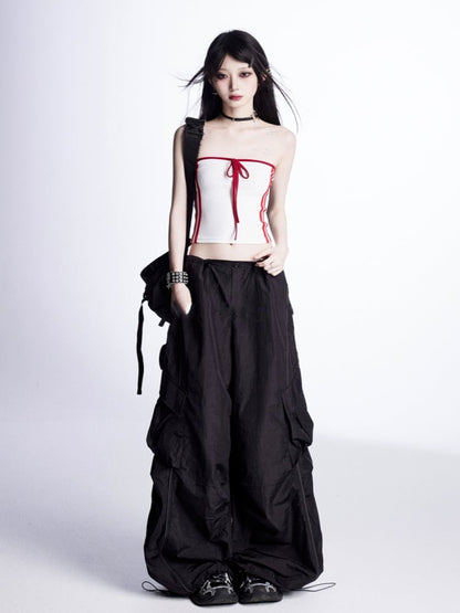 Weite Cargohose mit Kordelzug an den Bündchen Vintage Schwarz Niedrig