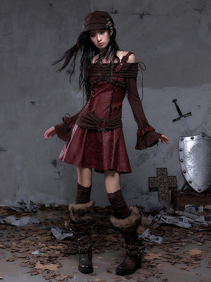 Dress Sleeves Vintage PU Red Brown Punk A-Line Bell Off-Shoulder with Design Knit