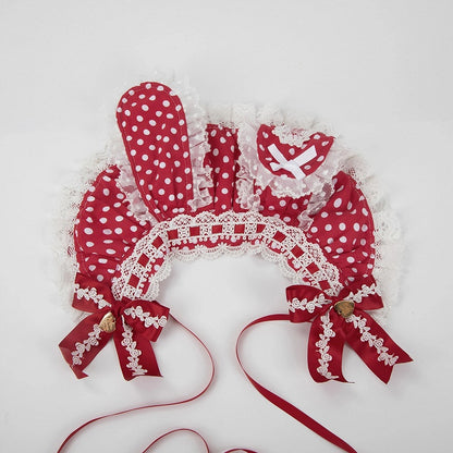 Ruffled Heart Red Bonnet Polka-Dot Lace Charm with Bunny-Ear