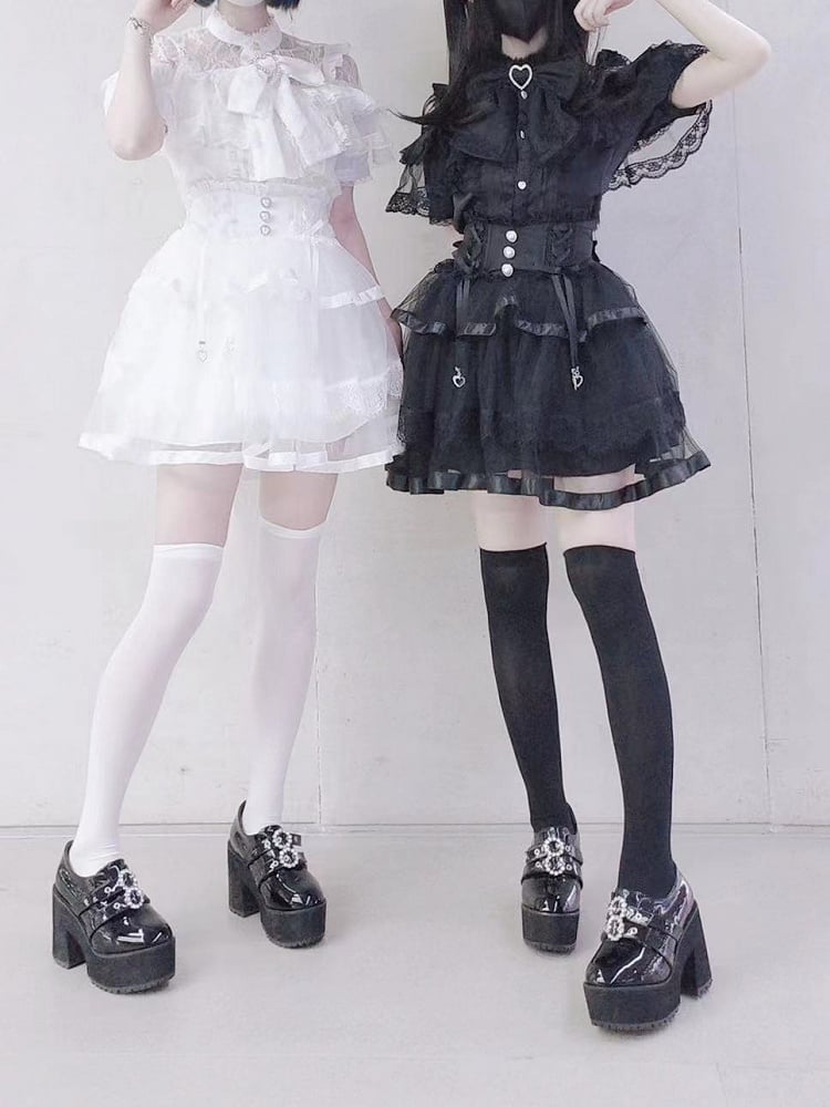 Gestufte Schleife Jirai Kei Schwarz/Weiß Mesh Balletcore Taille Selbst-krawatte Zurück Stäbchen Rock Hohe