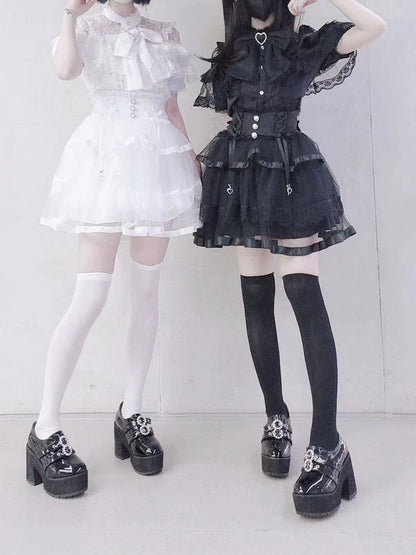 Gestufte Schleife Jirai Kei Schwarz/Weiß Mesh Balletcore Taille Selbst-krawatte Zurück Stäbchen Rock Hohe