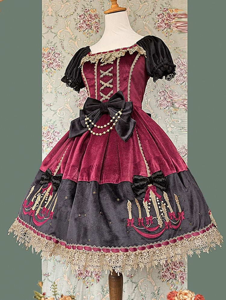 Polka Chandelier Lolita Red Suede Black Dot Sweet and Bows Dress Print with Wine