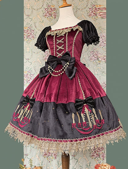 Polka Chandelier Lolita Red Suede Black Dot Sweet and Bows Dress Print with Wine