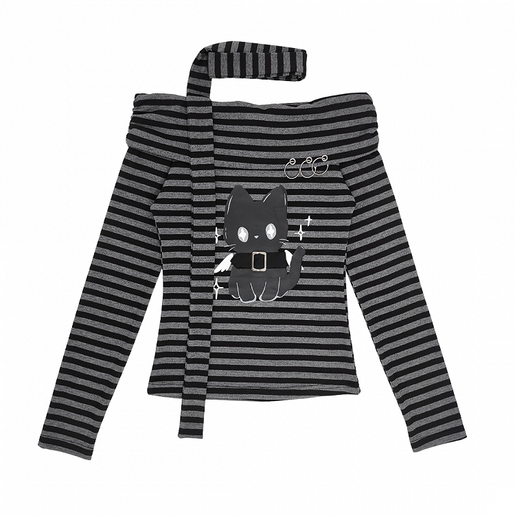 Gray Striped Top Neckline Black and Scarf with Bittersweet Kitten Print Off-the-shoulder