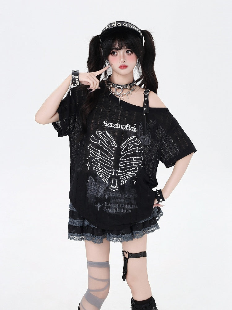 Y2K アシンメトリーネックライン スケルトン ハートプリント ブラック/グレー/ホワイト Tシャツ