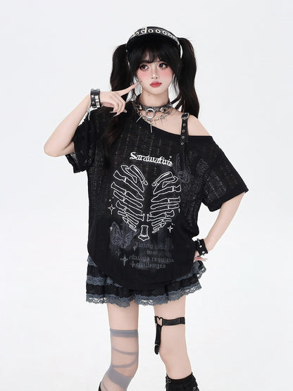 Y2K アシンメトリーネックライン スケルトン ハートプリント ブラック/グレー/ホワイト Tシャツ