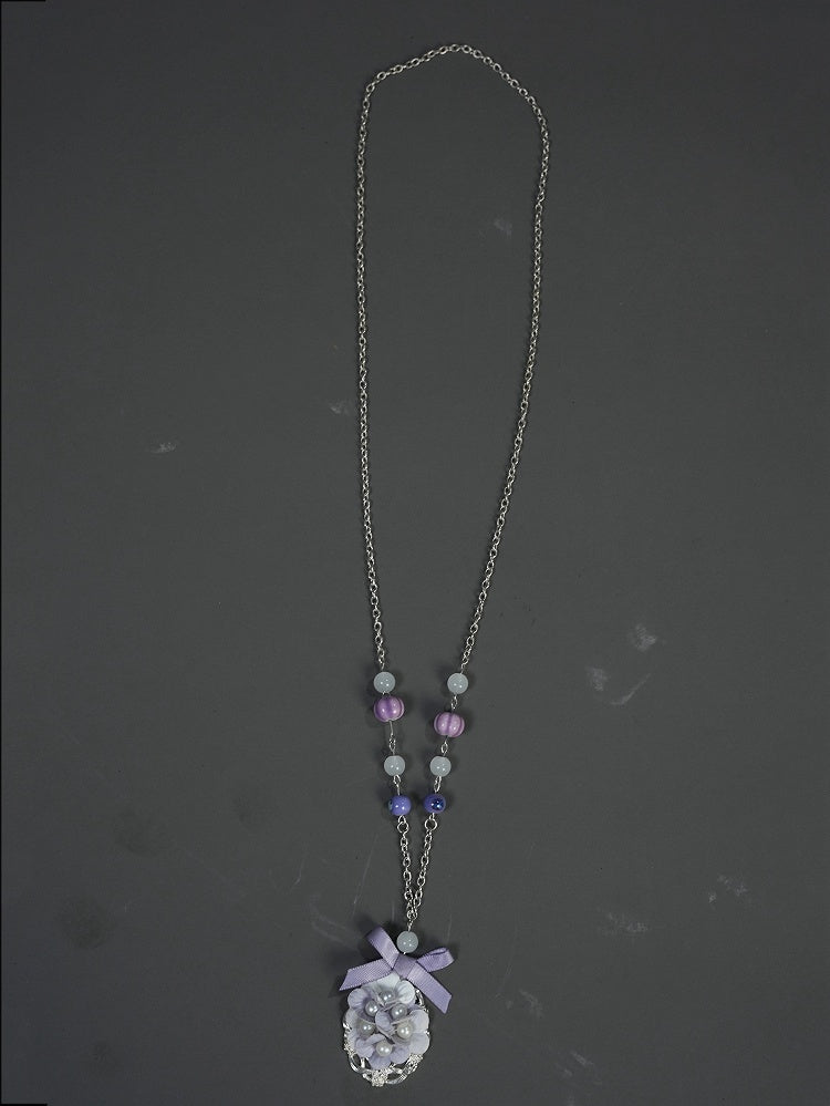 Pendant Silver-Chain Purple and Necklace Adorned with Floral-Bow Beads