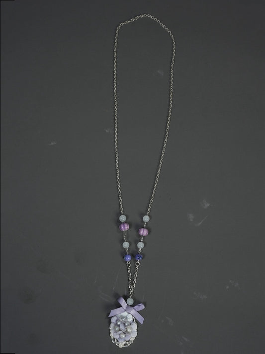 Pendant Silver-Chain Purple and Necklace Adorned with Floral-Bow Beads