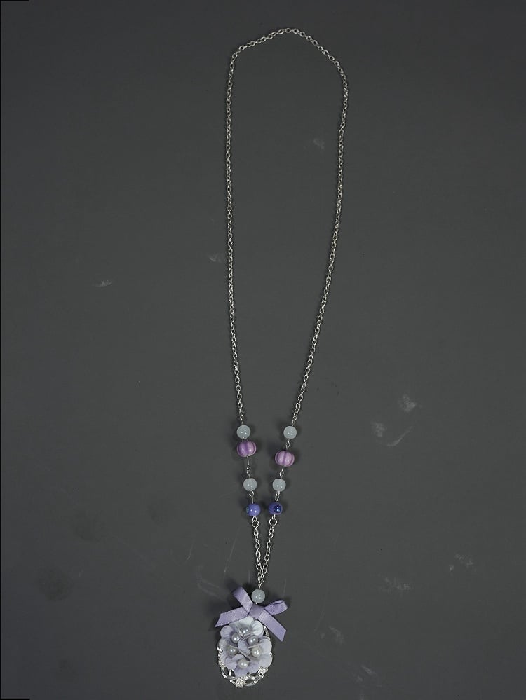 Purple Pendant Beads - with Clearance Adorned Necklace and Silver-Chain Floral-Bow