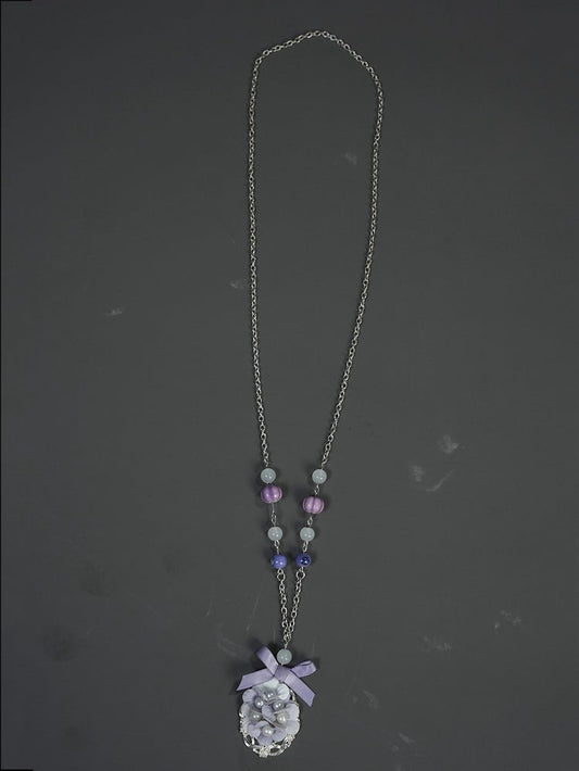 Purple Pendant Beads - with Clearance Adorned Necklace and Silver-Chain Floral-Bow