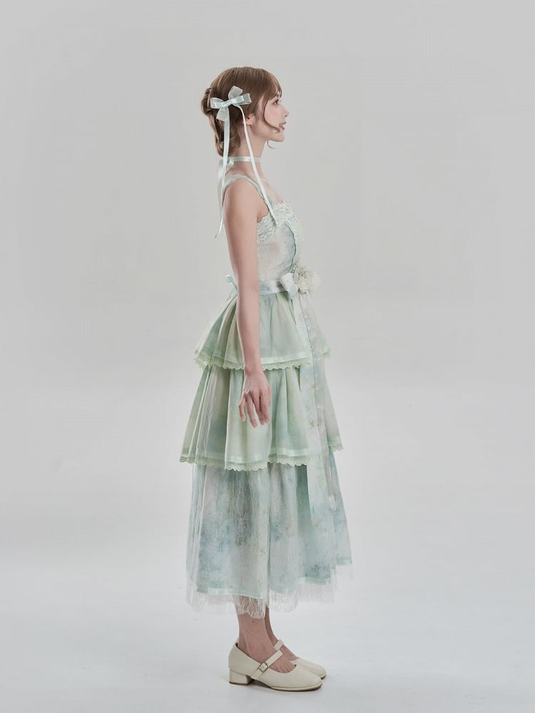 Painting and with JSK Hem Embroidery Dress Lolita Green Detail Print Tiered Oil