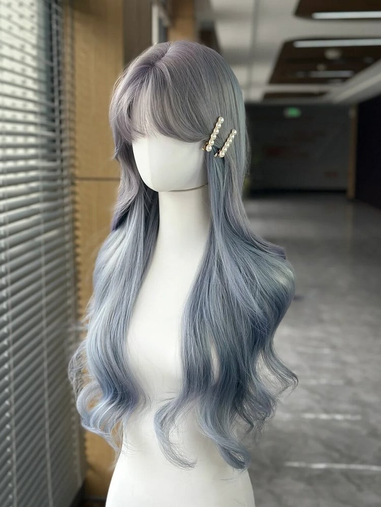 with Wig Wavy Blue Long Bangs 70CM Dusty Full