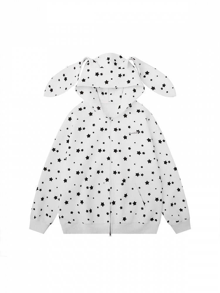Cute White/Gray Rabbit Ear Zip-Up Hoodie with Star Print Pattern - Solkatt