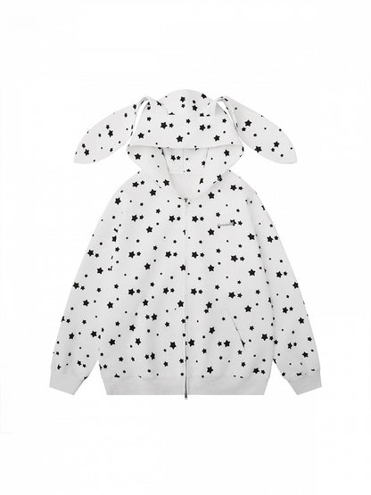 Cute White/Gray Rabbit Ear Zip-Up Hoodie with Star Print Pattern - Solkatt