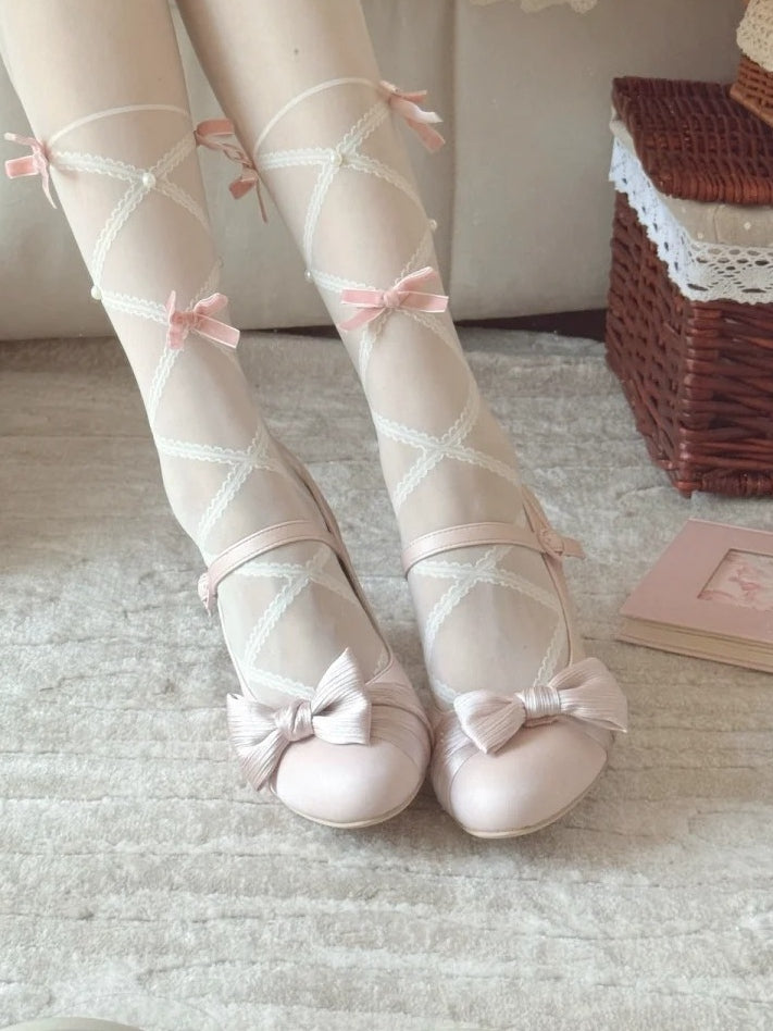PU Pink Elegant Lolita Mary Janes - Mid-heel Design with Bow Accent & Heart Snap Closure