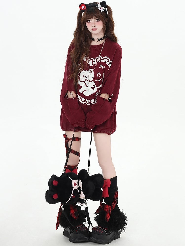 Black Striped Bunny Ears Hooded V-neck Cardigan