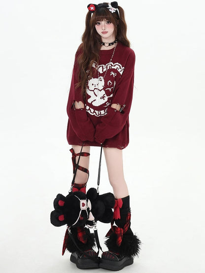 Black Striped Bunny Ears Hooded V-neck Cardigan