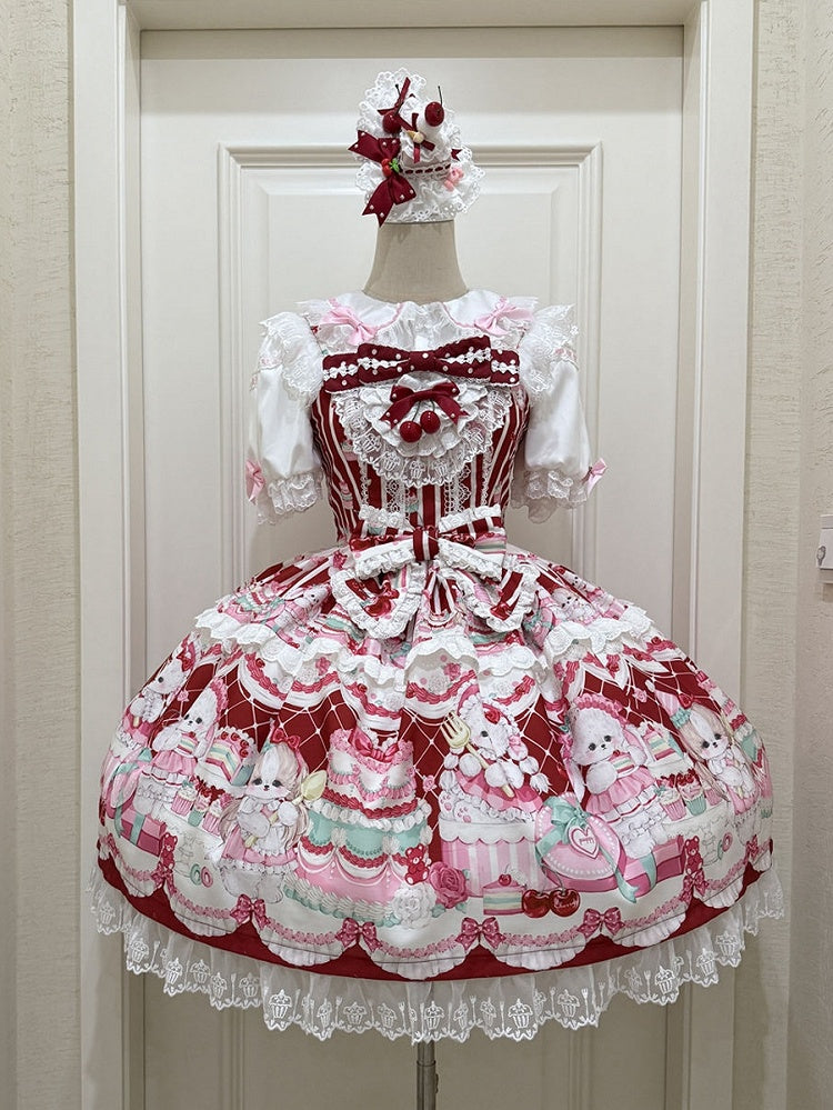 Crimson Bunny Cherry Print Sweet Lolita Jumper Dress - Miss Han