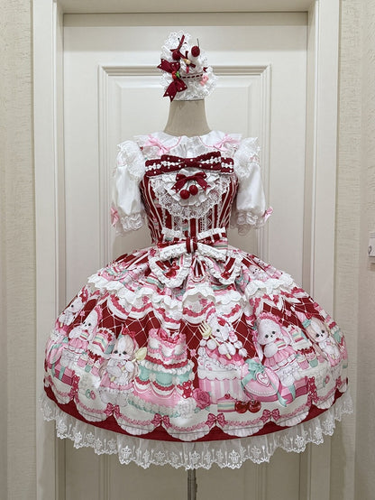 Crimson Bunny Cherry Print Sweet Lolita Jumper Dress - Miss Han