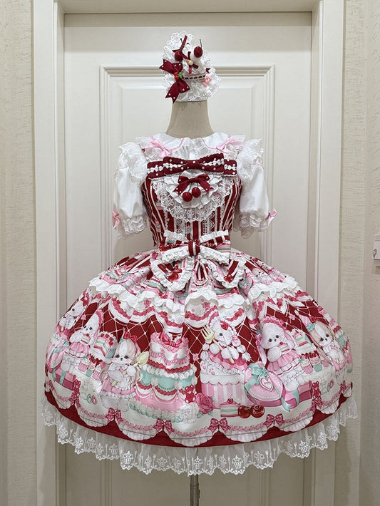 Crimson Bunny Cherry Print Sweet Lolita Jumper Dress - Miss Han