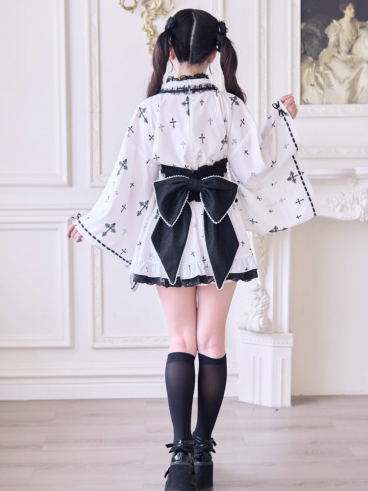 with Bell Sleeves Wrap Top Gothic Cross Print Black Jirai Kei Kimono-Style White