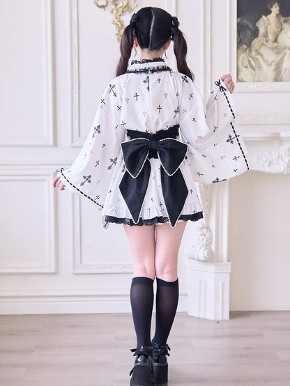 with Bell Sleeves Wrap Top Gothic Cross Print Black Jirai Kei Kimono-Style White