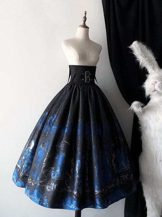 Lolita Corset Waist High Gothic Belt Skirt Black Blue