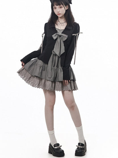 Onyx Lace-Collar Long-Sleeve Top with Musical Embroidery - PINK SAVIOR