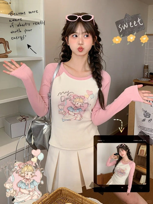 トップスとピンクのスリムフィット漫画ガールプリントアプリコットカラーブロックデザイン