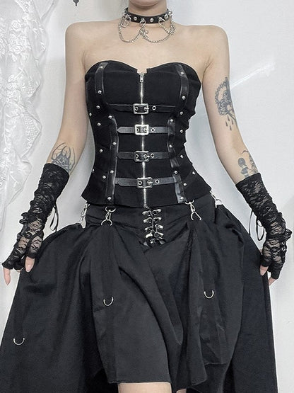 Straps Cyberpunk with Gothic Fishbone Halloween Zipper Bustier Buckle Vertical Black Adjustable