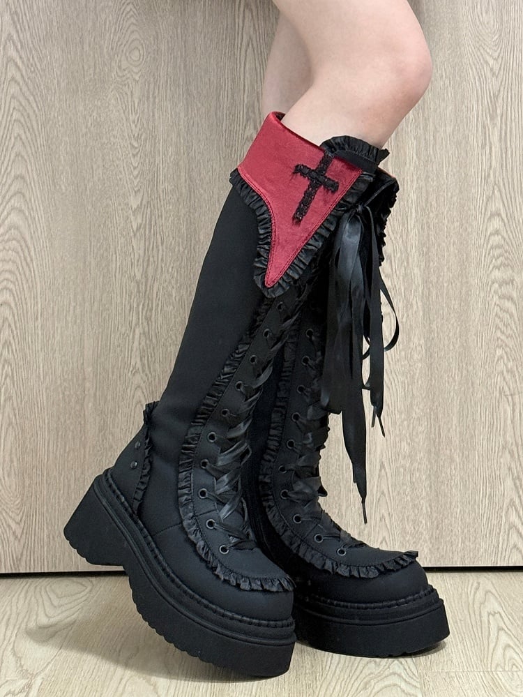 Gothic Red & Black Platform Knee-high Boots with Dual Closure, Studded Accents & Ruffle Trim | GURURU
