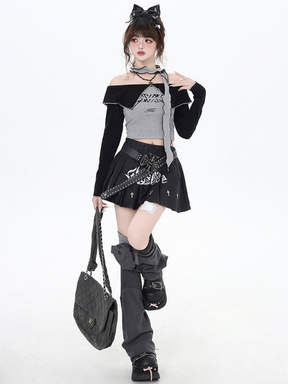 Grey Letters Off-the-shoulder Neckline Cropped Top with Free Scarf