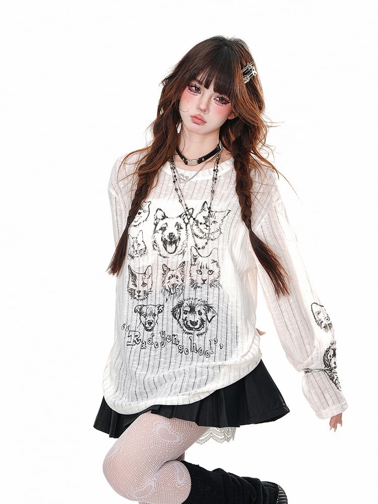 Black/Beige Semi-sheer Round Neck Puppy and Kitty Loose Top