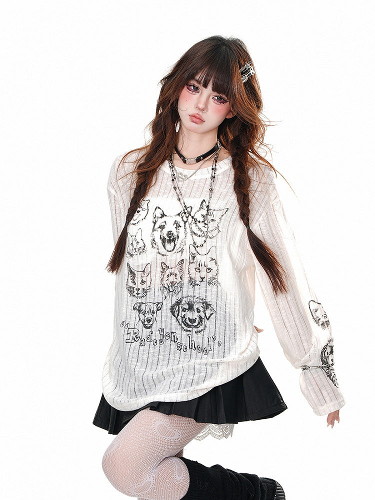 Neck Puppy Round Semi-sheer Top and Kitty Print Loose Black/Beige