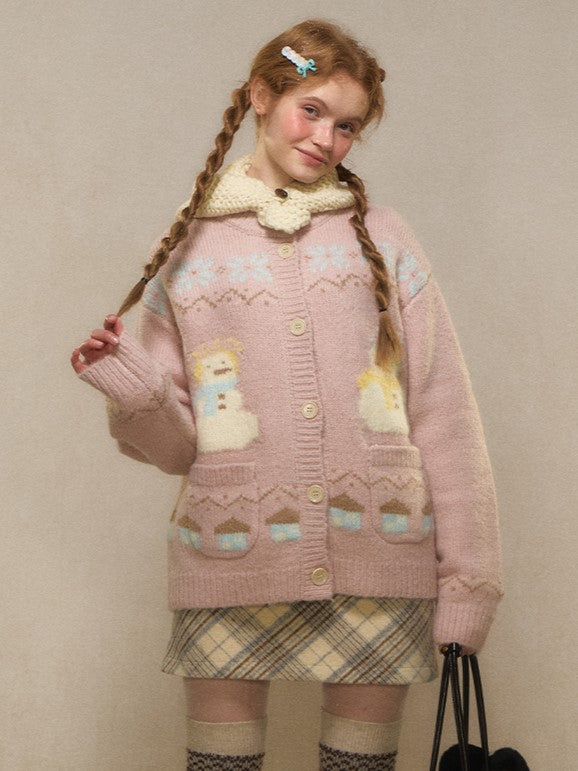 Snowman Charm Cardigan Knit Button-Front - Kawaii Yellow/Black/Pink Vintage Jacquard