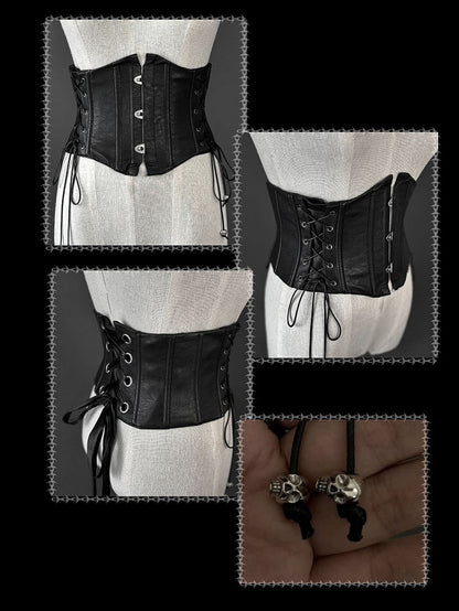 Belt Leather PU Boned Black Corset