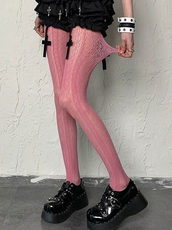 Y2K Hollow-out Rose Tights Pink Striped Design