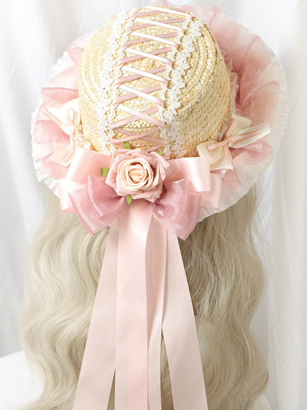 Bows Straw Options Color Ribbons Satin Hat Sweet Lolita 5 Crossed