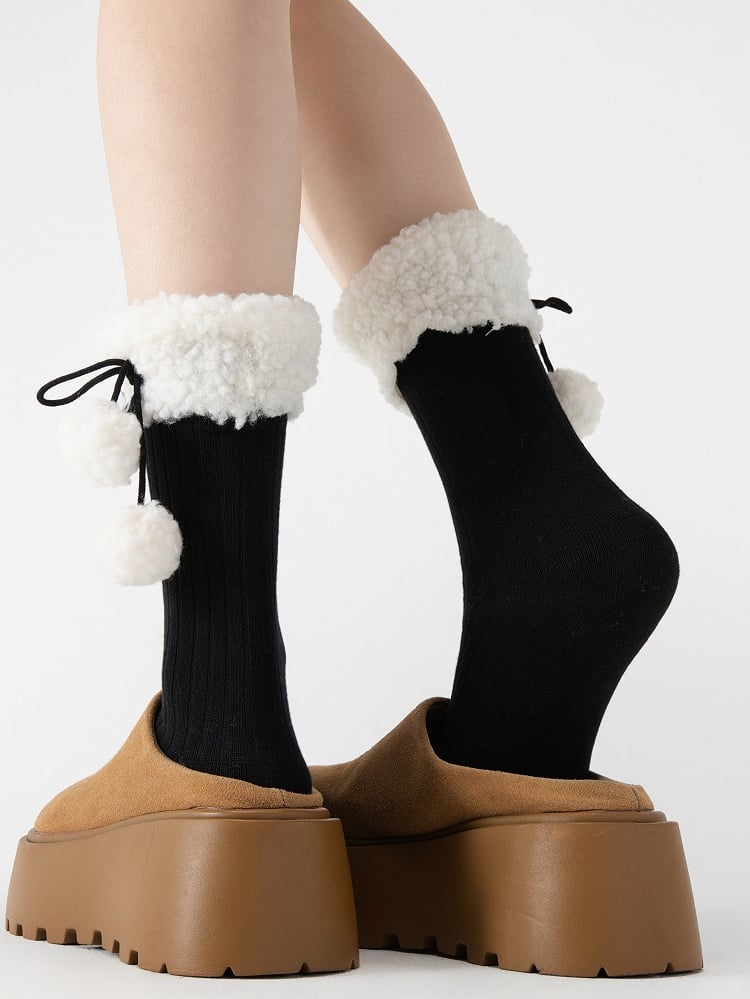 Colors Pom-Pom Decoration Fleece Socks Cotton 7 Trim with