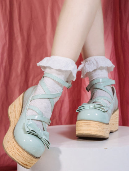 Accents Bow Round Sweet Design Lolita - Mint PU Green Toe Platforms Crisscross