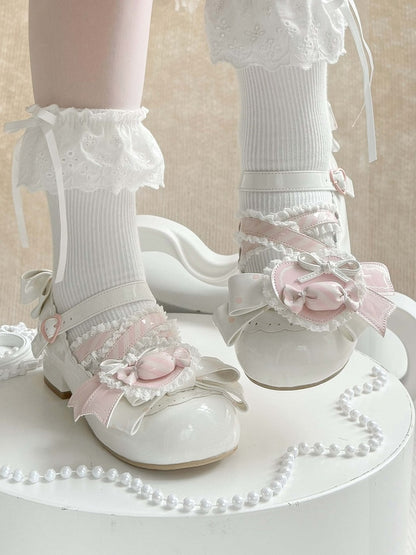 Lolita - Straps Heart Top Trim White Bow Ruffles Decor Candy Crisscross with Mary Sweet Pink Janes Shoe Clip