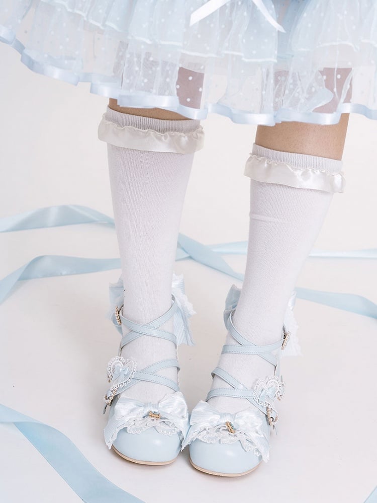 Bowknot-Träger Herz-Block-Design 5CM Heels Kreuzmuster Süße Schnalle Details Schuhe Lolita Blau