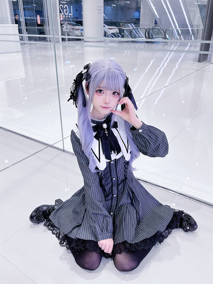 Vintage Black Striped Jirai Kei Dress with Pointed Flat Collar and Cross-Stitch Lace Trim