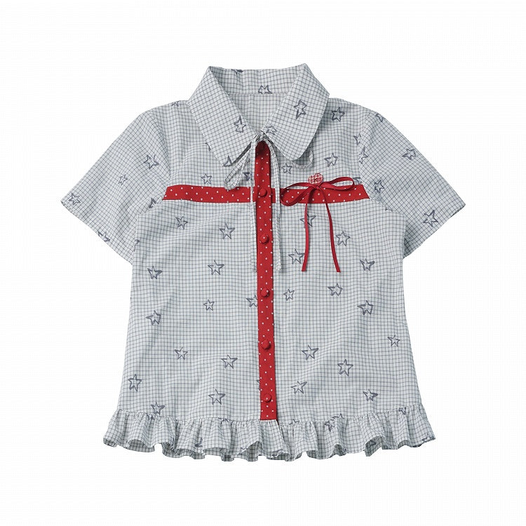Light Gray Casual Kawaii Plaid & Star Pattern Peter Pan Collar Short Sleeve Shirt with Ruffle Hem - PINK SAVIOR
